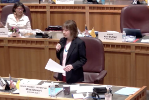 A picture of Senator Mimi Stewart introducting Senate Bill 64 to the Senate floor for debate.